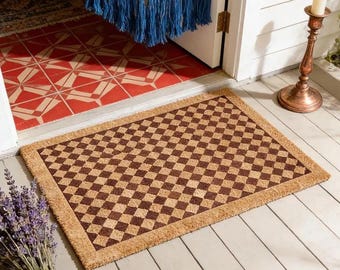 Checkerboard Diamond Coir Doormat,Harlequin Pattern Welcome Mat,Modern Entryway Mat, Minimalist Front Porch Decor,Housewarming Gift Idea