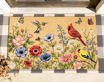 Dörrmatta med kolibri och kardinal, välkomstmatta för trädgården med vildblommor, färgglad gåva till fågelälskare, vårdekoration till verandan, botanisk blommig entrématta