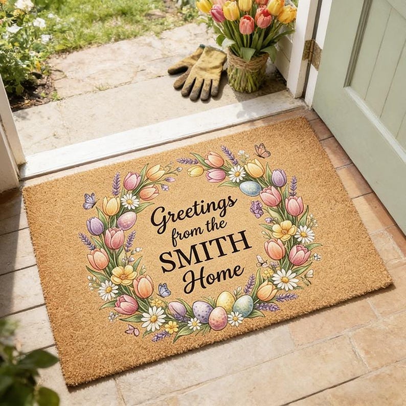 May include: A rectangular coir doormat with a floral wreath design. The wreath features tulips, daisies, and butterflies, surrounding the text "Greetings from the SMITH Home." The mat is brown with a natural texture, suitable for an entryway.