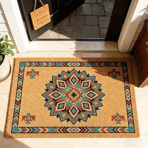 May include: Rectangular doormat with a geometric design in shades of brown, teal, and black. The center features a starburst pattern, and the border includes arrow and bird motifs. The doormat is placed in front of a black door.