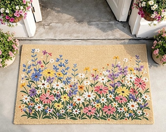 Vibrant Wildflower Meadow Coir Doormat,Floral Welcome Mat,Spring Porch Decor,Outdoor Coir Doormat,Summer Garden Mat,Housewarming Gift