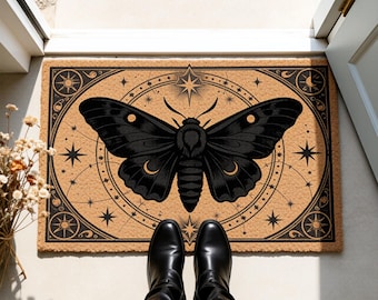Celestial Moth Doormat,Dark Academia Witchy Welcome Mat,Gothic Moon Stars Mat,Mystical Luna Moth Porch Mat,Housewarming Gift,Non-Slip Mat