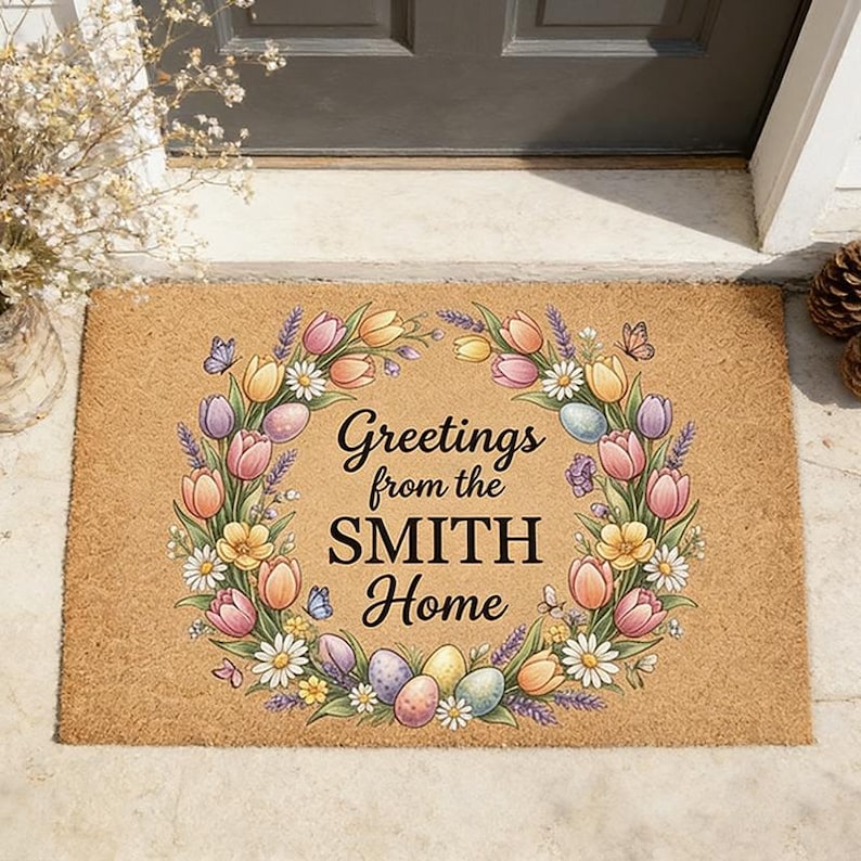 May include: A rectangular coir doormat with a floral wreath design. The wreath features tulips, daisies, and lavender, surrounding the text "Greetings from the SMITH Home." Easter eggs and butterflies are also included in the design.