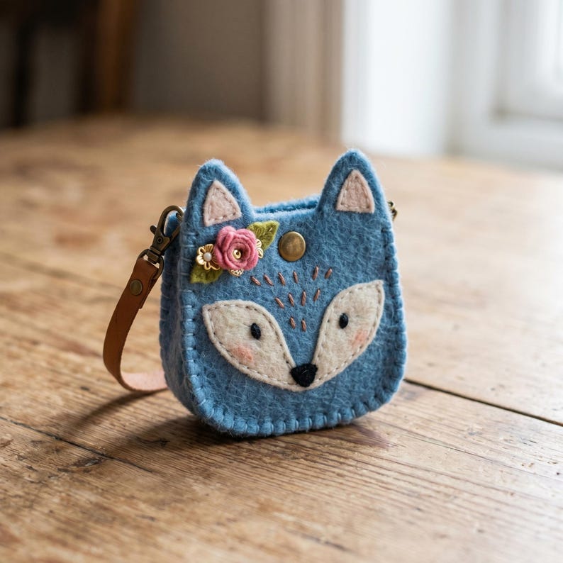 May include: A blue felt pouch shaped like a fox head with pointed ears, a white face patch, black embroidered eyes and nose, and pink cheeks. It features a small pink fabric flower embellishment, a brass snap closure, and a tan leather strap.