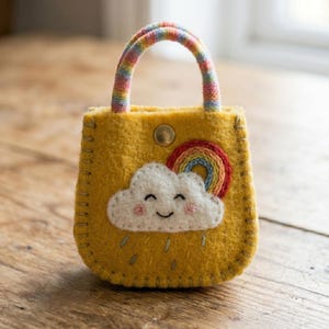 Può includere: Una piccola borsa in feltro giallo con un manico a righe arcobaleno e una chiusura a pressione in metallo. La parte anteriore presenta una nuvola di feltro bianca con un viso sorridente, guance rosa e un arcobaleno ricamato, con gocce grigie.