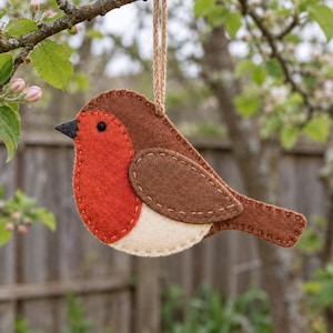 May include: A felt robin ornament featuring a brown head and back, a bright orange chest, and a cream-colored belly. The bird has a small black beak and eye, with visible tan stitching along the edges and a jute twine loop for hanging.