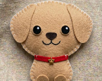 フェルト製茶色犬型紙PDF、犬のぬいぐるみ型紙、DIYフェルト子犬チュートリアル、手作りソフトトイ型紙ダウンロード、フェルトオーナメント