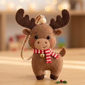 May include: A felt reindeer ornament in shades of brown with dark brown antlers, black bead eyes, and pink cheeks. The reindeer wears a red and white striped scarf with a small gold bell and has a patterned fabric hanging loop with a wooden bead.