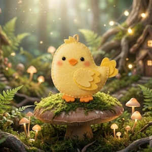 May include: A charming image of a yellow felt chick on a mushroom in a fairy-tale forest. Tiny houses and glowing mushrooms are scattered throughout the scene, creating a magical, storybook atmosphere. The chick has orange feet and a sweet expression.