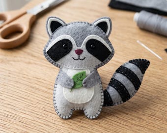フェルト製アライグマの型紙（PDF）、森の動物のぬいぐるみ、森の動物のオーナメント、子供部屋の装飾、DIYギフト、DIYフェルトクラフト