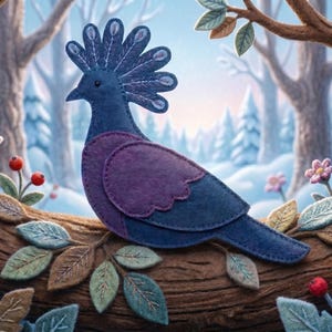 May include: A felt bird with a blue body and a purple wing patch perches on a tree branch. The bird has a decorative crest. The background features a snowy forest scene with trees, flowers, and berries.