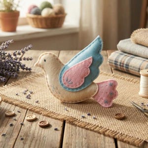 Può includere: Una colomba in feltro fatta a mano con ali e coda blu e rosa è appoggiata su un tappetino di juta. La scena artigianale comprende tessuto, bottoni, lavanda, una bobina di filo, forbici e un ditale.