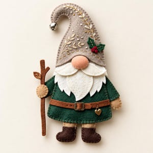 May include: A felt gnome ornament featuring a beige hat with embroidered leaves and a small silver bell, a white beard, a green tunic with a brown belt, a heart charm, and a brown staff. The gnome has dark brown boots and a peach nose.