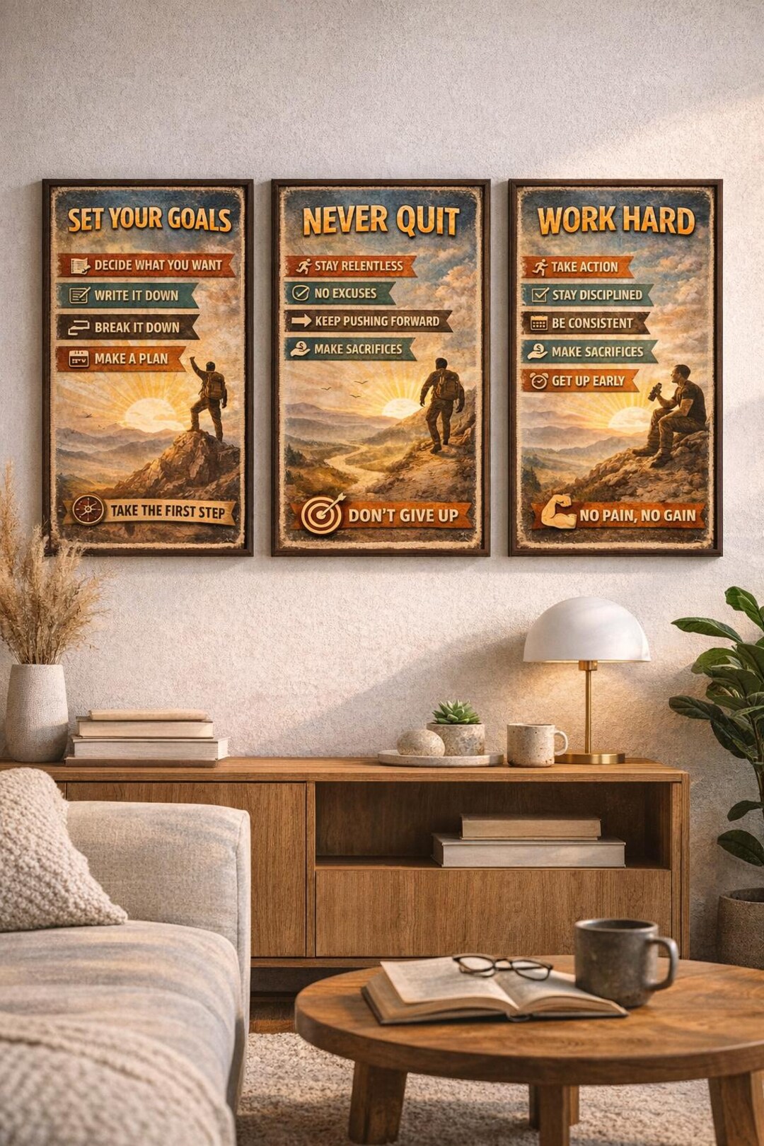 Vintage Motivational Poster Set of 3 – Never Quit, Work Hard, Set Your ...