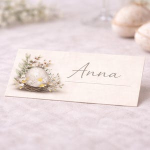 Könnte beinhalten: Eine cremefarbene Tischkarte mit dem Namen "Anna" in grauer Schrift. Die Karte zeigt eine Illustration eines Eies in einem Nest mit floralen Akzenten. Zwei dekorative Kugeln befinden sich im Hintergrund, was auf ein Osterthema hindeutet.
