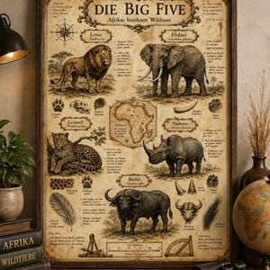 May include: A framed vintage-style poster titled "DIE BIG FIVE" featuring illustrations of African wildlife: a lion, elephant, leopard, rhinoceros, and buffalo. The poster includes text in German and a map of Africa.