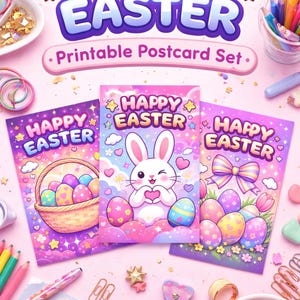 Könnte beinhalten: Drei farbenfrohe Osterpostkarten mit dem Text "Happy Easter". Die Karten zeigen Ostereier, ein Kaninchen und einen Korb. Oben im Bild steht "K-POP EASTER Printable Postcard Set."