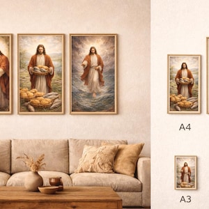 Op de afbeelding: Een set ingelijste religieuze kunstprints met Jezus in verschillende scènes. Het kunstwerk maakt gebruik van warme tinten, met Jezus in een rode mantel. De prints worden weergegeven boven een beige bank en een houten salontafel.
