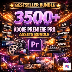 Peut inclure: Image promotionnelle pour un pack d'actifs Adobe Premiere Pro. L'image présente le texte "BESTSELLER BUNDLE" et "3500+ ADOBE PREMIERE PRO ASSETS BUNDLE". Elle comprend des icônes pour les superpositions, les transitions, les titres, les LUT, les SFX, les tiers inférieurs, les effets et les mouvements.