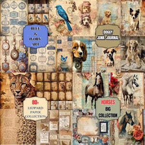 May include: A collage of digital art featuring various animals, including dogs, horses, and a leopard, alongside vintage-style elements. Text includes "Blue & Ivory Art", "Doggy Junk Journal", "80+ Leopard Paper Collection", and "Horses Big Collection".