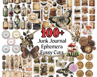 100+ Junk Journal Ephemera Bundle | Vintage Fussy Cuts Printable, Digital Download, Collage Sheets | Scrapbook Paper Pack | Junk Journal Kit