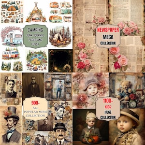 May include: A collage of digital art elements, including camping-themed illustrations, vintage newspaper pages with roses, and portraits. Text includes "Camping Junk Journal Pages and Fussy", "Newspaper Mega Collection", "900+ All Popular Mens Collection", and "1100+ Kids Huge Collection".