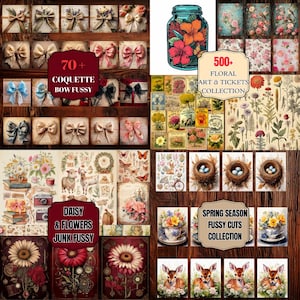 May include: A collage of digital art elements featuring bows, floral designs, and vintage ephemera. The image includes text that reads "70+ COQUETTE BOW FUSSY", "500+ FLORAL ART & TICKETS COLLECTION", "DAISY & FLOWERS JUNK FUSSY", and "SPRING SEASON FUSSY CUTS COLLECTION".