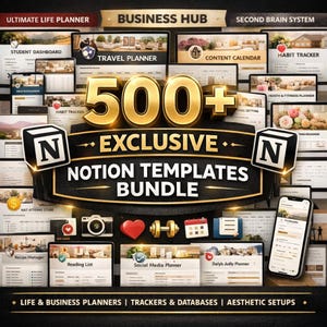 Puede incluir: Imagen promocional para un paquete de plantillas de Notion. La imagen presenta el texto "500+ EXCLUSIVE NOTION TEMPLATES BUNDLE" en letras doradas. Se muestran varias maquetas de planificadores digitales, incluido un planificador de viajes, un rastreador de hábitos y un panel de estudiantes. La imagen también incluye iconos y el texto "LIFE & BUSINESS PLANNERS | TRACKERS & DATABASES | AESTHETIC SETUPS."