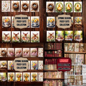 May include: A collection of spring-themed fussy cuts and junk journal pages. The images include birds' nests, ducklings, floral teacups, deer, bicycles with flower baskets, and bouquets. The text on the images reads "Spring Season Fussy Cuts Collection" and "Library Collection Junk Journals."