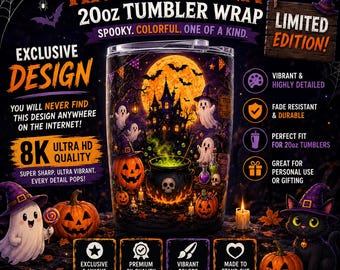 Halloween Tumbler Wrap, 20oz Skinny Straight Png, Spooky Ghost Pumpkin Design, Haunted House Cauldron Witch, Digital Download Sublimation