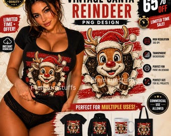 Christmas Reindeer Shirt PNG, Vintage Santa Reindeer Design, Retro Holiday Sublimation, Cute Christmas Clipart, Christmas tumbler wrap png