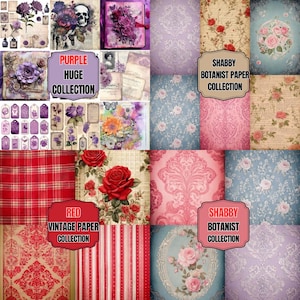 May include: A collage of vintage paper designs featuring floral, plaid, and damask patterns in shades of purple, red, and pink. The image includes the text "PURPLE HUGE COLLECTION", "SHABBY BOTANIST PAPER COLLECTION", and "RED VINTAGE PAPER COLLECTION".