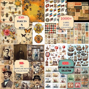 May include: A collage of vintage-style digital art elements. The image includes insect and bee illustrations, label designs, portraits of men, and ship and balloon graphics. Text overlays indicate the number of items in each collection.