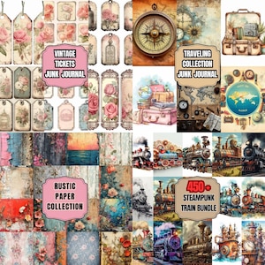 May include: A collage of digital art elements including vintage tickets, travel-themed ephemera, rustic paper designs, and steampunk train illustrations. The image features text labels: "VINTAGE TICKETS JUNK JOURNAL", "TRAVELING COLLECTION JUNK JOURNAL", "RUSTIC PAPER COLLECTION", and "450+ STEAMPUNK TRAIN BUNDLE".