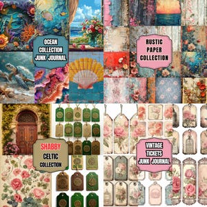 May include: A collage of digital art elements for junk journals. Includes ocean-themed art, floral patterns, rustic paper textures, vintage tickets, and Celtic-inspired tags. The text includes "Ocean Collection," "Rustic Paper Collection," "Shabby Celtic Collection," and "Vintage Tickets."