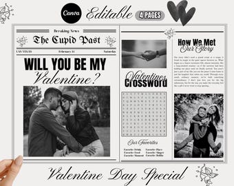 Personalized Valentine's Day Newspaper, Canva Template (Digital Download