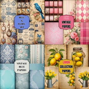 May include: A collage of vintage-style papers with various designs. Includes papers with blue and ivory art, pink vintage patterns, vintage blue papers, and lemon collection papers. Features clocks, birds, floral patterns, and the text "BLUE & IVORY ART", "PINK VINTAGE PAPERS", "VINTAGE BLUE PAPERS", and "LEMON COLLECTION PAPERS".