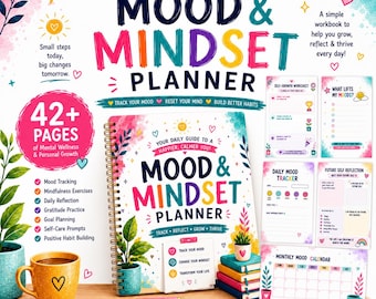 Mood & Mindset Planner with 42+ guided self-care, mood tracking, Wellness Workbook, and personal growth workbook pages for digital download
