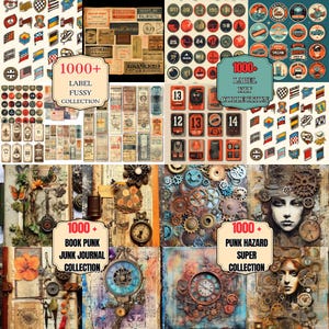 May include: A collage of vintage ephemera, including labels, flags, and clock faces. The image features the text "1000+ LABEL FUSSY COLLECTION", "1000+ LABEL KIT COLLECTION", "1000+ BOOK PUNK JUNK JOURNAL COLLECTION", and "1000+ PUNK HAZARD SUPER COLLECTION".