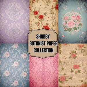 May include: A collection of six patterned papers with a vintage, botanical theme. The papers feature floral designs, damask patterns, and handwritten script backgrounds in shades of pink, blue, and beige. The text "SHABBY BOTANIST PAPER COLLECTION" is displayed in a brown frame.