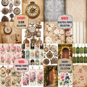 May include: A collage of vintage-themed digital art elements. It includes pocket watches, floral tags, patterned papers, and a door. Text includes "Shabby Clock Collection", "White Beautiful Paper Collection", "1000+ Vintage Tickets Collection", and "Shabby Celtic Skinny Collection".