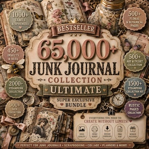 65,000+ Junk Journal Collection Ultimate, Steampunk Vintage Ephemera Mega Bundle, Printable Fussy Cuts Scrapbook Kit, Digital Download PLR