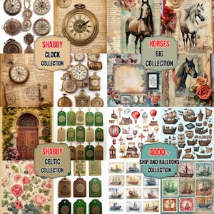 May include: A collage of vintage-style digital images. Includes pocket watches, horses, ships, hot air balloons, and Celtic-themed tags. Text labels read "Shabby Clock Collection", "Horses Big Collection", "Shabby Celtic Collection", and "4000+ Ship and Balloons Collection".