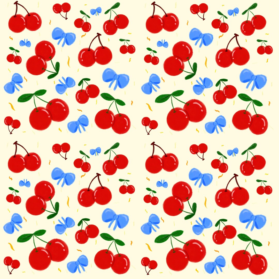 Cute Cherry and Bue Bow Seamless Pattern, Coquette Digital Paper ...