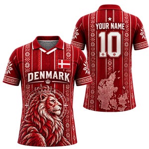 May include: A red polo shirt featuring vertical white stripes and snowflake patterns. The front displays the text DENMARK, a Danish flag, and a lion wearing a crown. The back shows a map of Denmark, the text YOUR NAME, and the number 10.