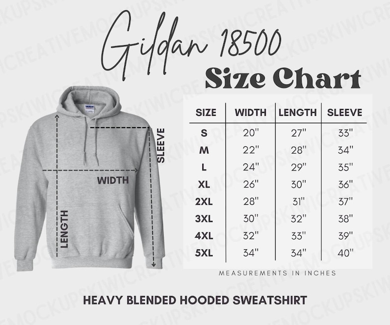 May include: A light gray heavy blended hooded sweatshirt with a size chart. The chart lists measurements in inches for width, length, and sleeve length, ranging from size small to 5XL. The brand name "Gildan 18500" is visible.