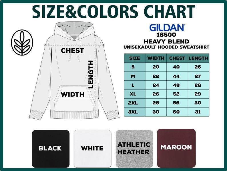 May include: A white hooded sweatshirt with a size and colors chart. The chart shows measurements for width, chest, and length in inches. Available colors are black, white, athletic heather, and maroon. The brand is Gildan.