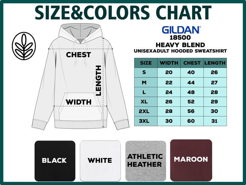 K&ouml;nnte beinhalten: Ein wei&szlig;er Kapuzenpullover mit einer Gr&ouml;&szlig;en- und Farbtabelle. Die Tabelle zeigt die Ma&szlig;e f&uuml;r Breite, Brust und L&auml;nge in Zentimetern. Verf&uuml;gbare Farben sind Schwarz, Wei&szlig;, Athletic Heather und Bordeaux. Die Marke ist Gildan.