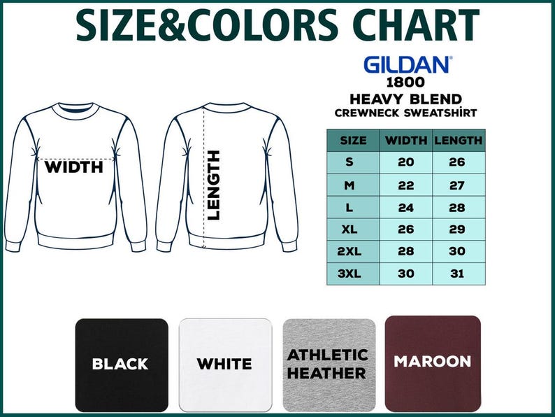 K&ouml;nnte beinhalten: Gr&ouml;&szlig;en- und Farbtabelle f&uuml;r ein Gildan 1800 Heavy Blend Crewneck Sweatshirt. Die Tabelle zeigt die Ma&szlig;e f&uuml;r die Gr&ouml;&szlig;en S bis 3XL, mit Breite und L&auml;nge in cm. Verf&uuml;gbare Farben sind Schwarz, Wei&szlig;, Athletic Heather und Maroon.