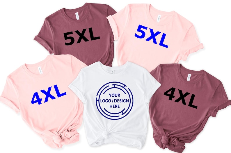 May include: A collection of short-sleeved t-shirts in various colors, including pink, white, and maroon. Some shirts display the size "4XL" or "5XL" in bold text. One white shirt features a circular design with the text "YOUR LOGO / DESIGN HERE".